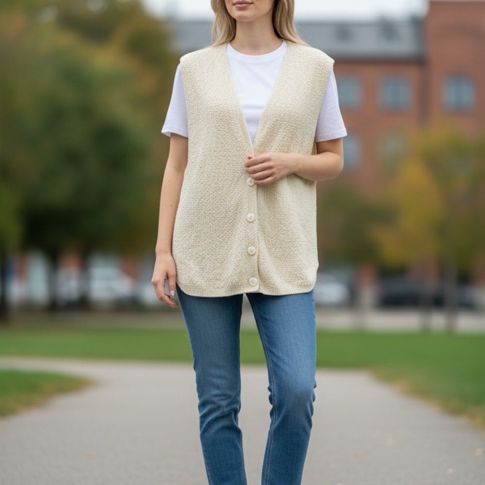 American Weekend Cream V-Neck Button Sweater Vest